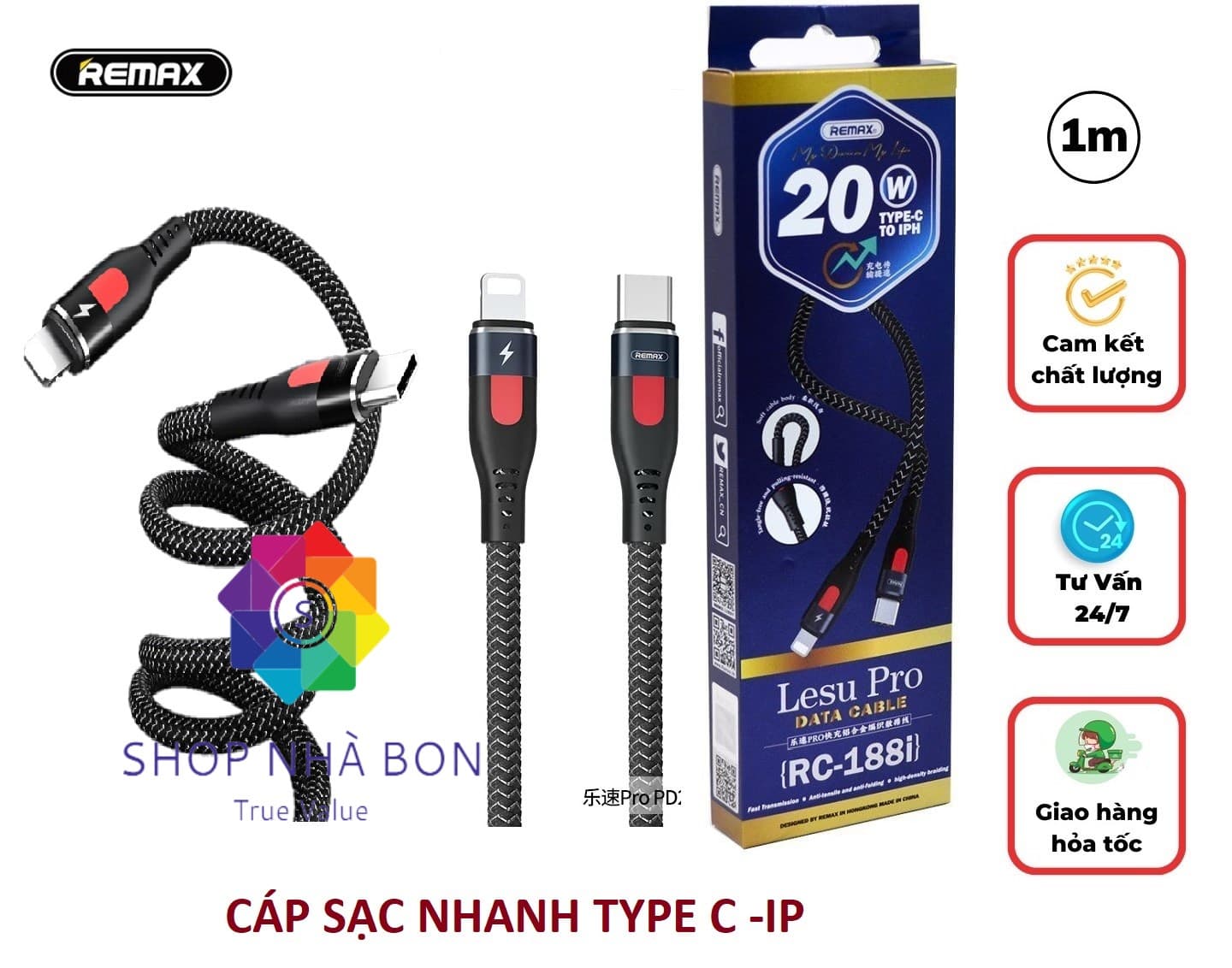 Cáp sạc nhanh Remax 1820W dùng cho Iphone, Ipad - Hàng chính hãng
