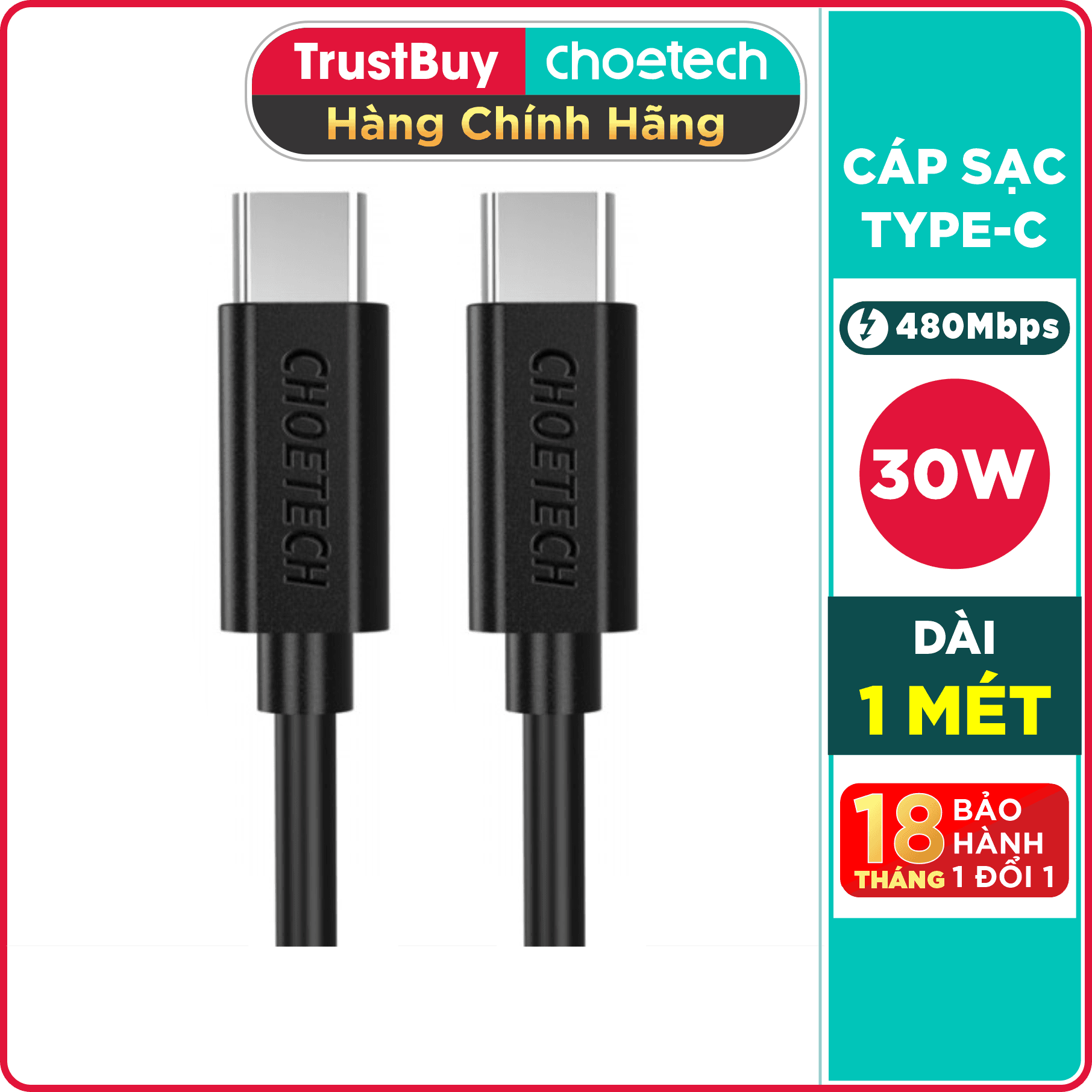 Dây Cáp Sạc Điện Thoại USB Type C To Type C 30W Dài 1M CHOETECH CC0002-V2 - Hàng Chính Hãng - Đen