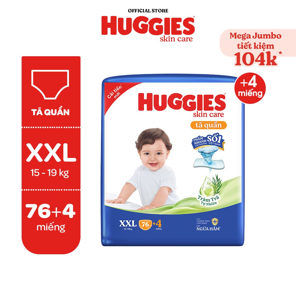 Tặng 8M cho L96 hoăc 4M cho XL84XXL76 Tã quần Huggies Skincare Mega Jumbo M106L968XL844XXL764 - size XXL 76 miếng4M