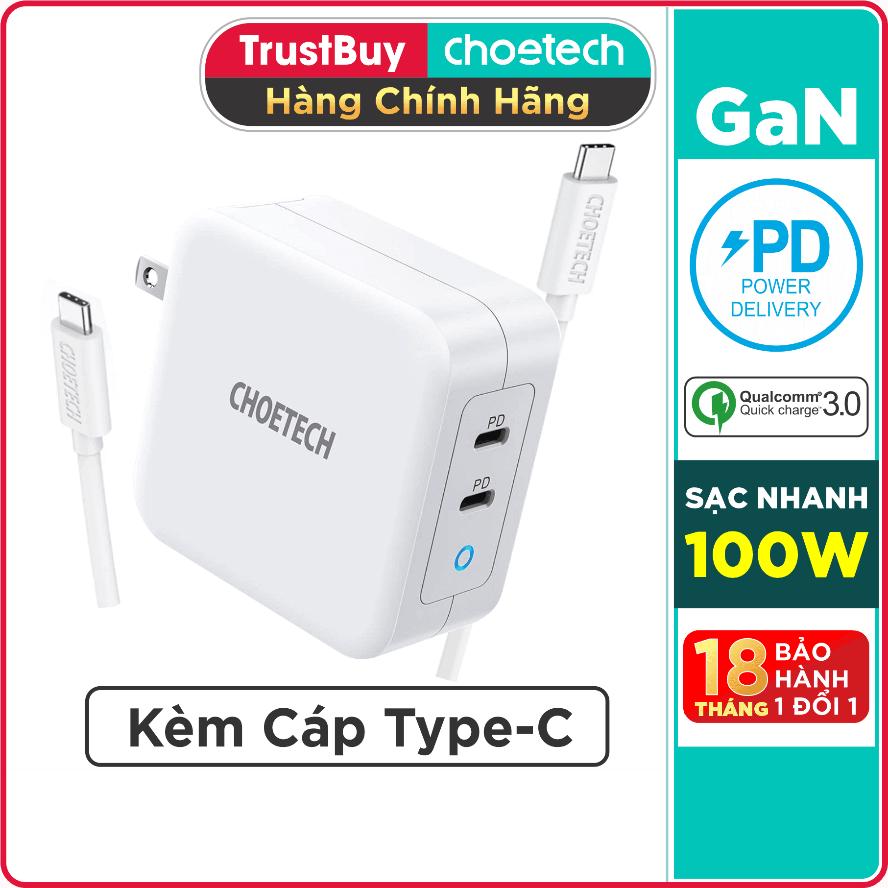 Adapter Cu Sạc 100W 2 Cổng Type C cho Macbook, Laptop, Smartphone CHOETECH PD6008 Kèm Dây Cáp Type C to C 100W - Hàng Chính Hãng - Trắng