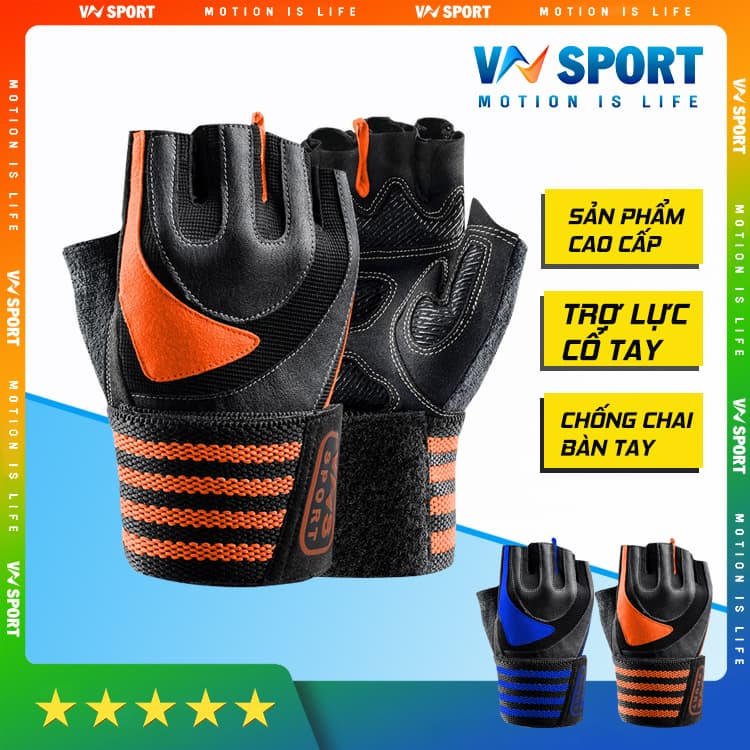 Găng Tay tập Gym Có dây Quấn Trợ Lực Cổ Tay VNS002 WEIGHT LIFTING GLOVES, Găng Tay Tập Gym Cao Cấp Có Phủ Da Trên Mu bàn Tay, Chống Chai Sần Lòng Bàn Tay, Bảo Vệ Khớp Cổ Tay - L - Cam