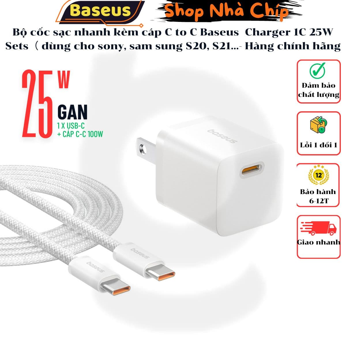 Bộ cốc sạc nhanh kèm cáp C to C Baseus Super Si Quick Charger 1C 25W SetsPD QC3.0 Quick charger, With Cable dùng cho sam sung S20, S21- Hàng chính hãng - Trắng