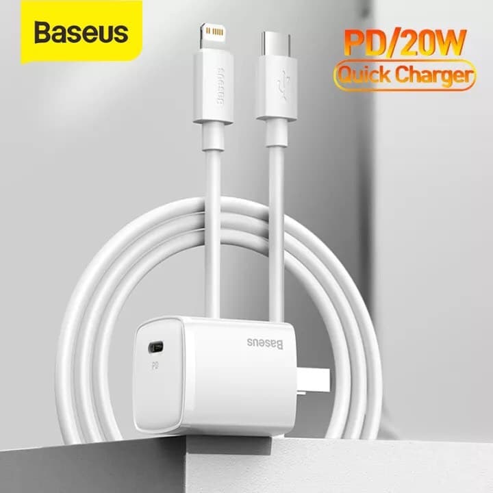 Củ Sạc Nhanh Baseus 20W USB C Hỗ Trợ Sạc Nhanh Type C PD Cho iPhone - Công Nghệ PD 3.0 QC 3.0 - Hàng Chính Hãng - Combo Củ  Cáp Trắng