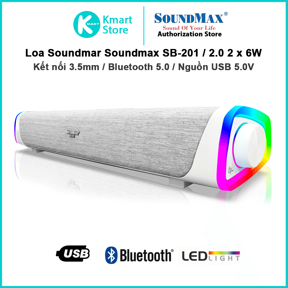 Loa Soundbar SoundMax SB201  LED RGB. Bluetooth 5.0- Hàng chính hãng - Trắng