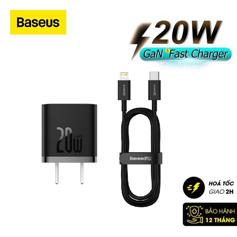 Củ Sạc Nhanh Cho IPhone 20W Baseus GaN5 Fast Charger - Công Nghệ Power Delivery 3.0 QC 3.0 - Tích Hợp Chip Thông Minh - Công Nghệ Kiểm Soát Nhiệt Độ BCT - Hàng Chính Hãng - Combo GaN5 20w Đen