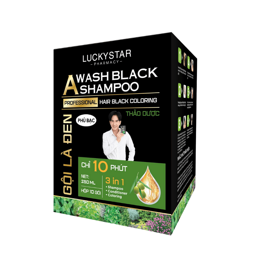 Dầu gội phủ bạc thảo dược cao cấp. Gội là đen LUCKY STAR chiết xuất nhân sâm và thảo mộc tự nhiên. Dầu gội nhuộm tóc giúp tóc đen tự nhiên, khỏe mạnh. Dầu gội đen tóc trong 10 phút ngay tại nhà, phiên bản mới có lược - Hộp dầu gội Đen - 10 gói 25ml
