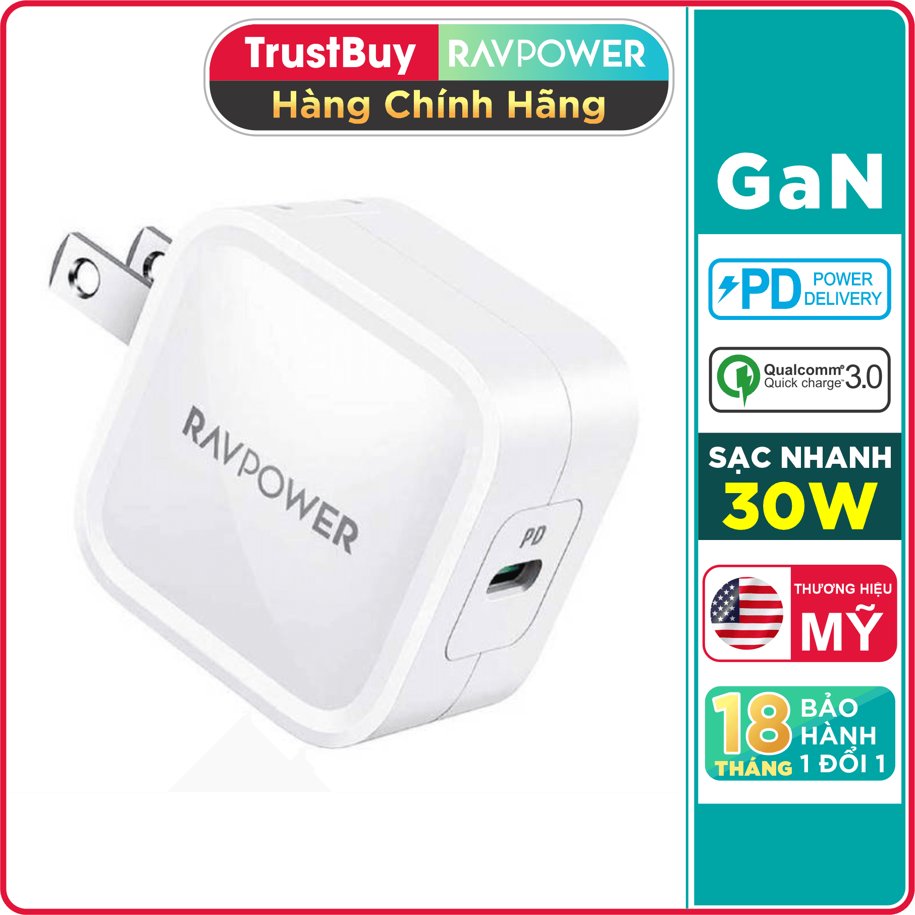 Adapter Sạc 1 Cổng Type-C 30W Công Nghệ GaN Hỗ Trợ Sạc Nhanh PD Power Delivery RAVPower RP-PC120 Với Đầu AC Gập - Hàng Chính Hãng - Trắng