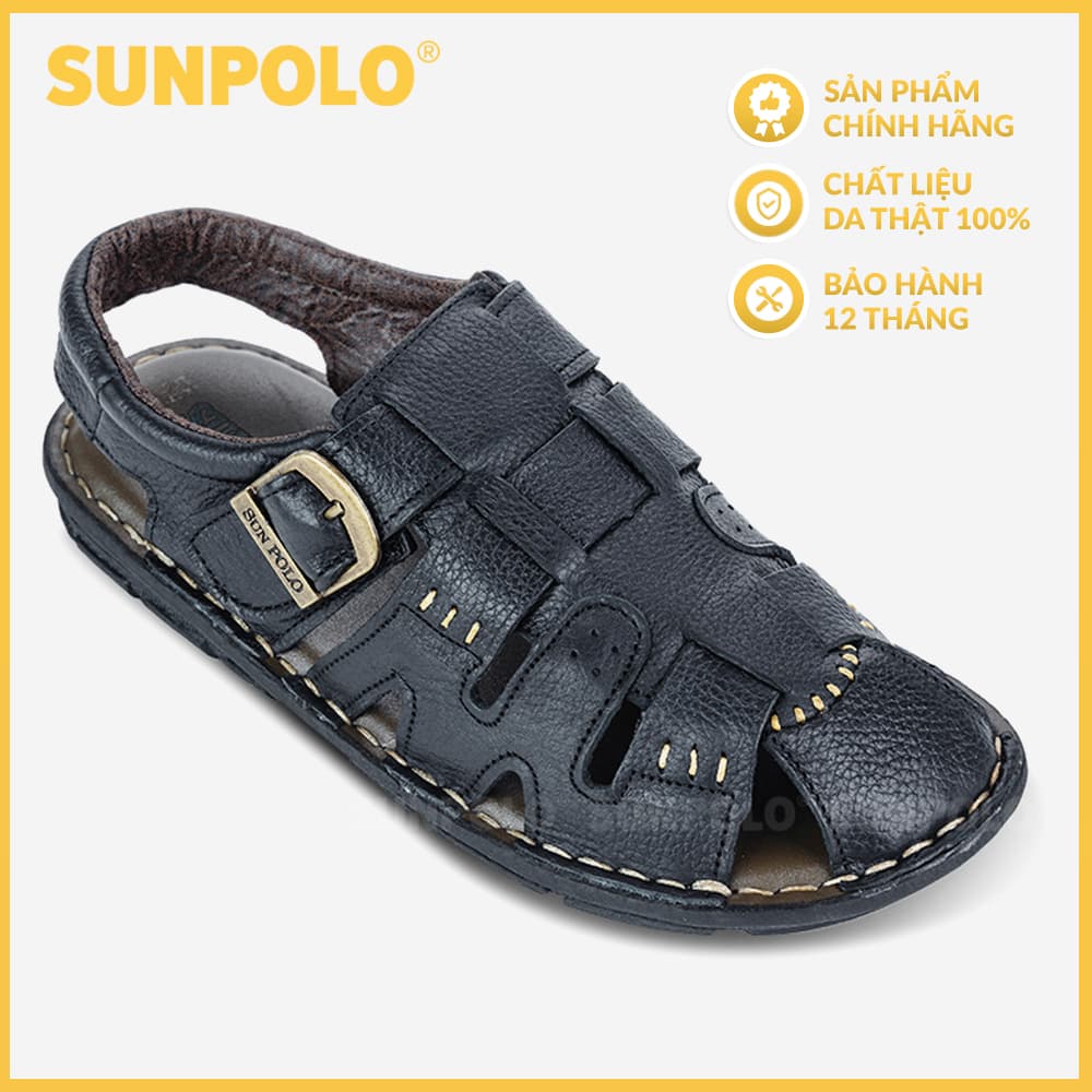 Giày Sandal Nam Da Bò Bít Mũi Cao Cấp SUNPOLO SDA011 Nâu, Đen - 41 - Màu Đen