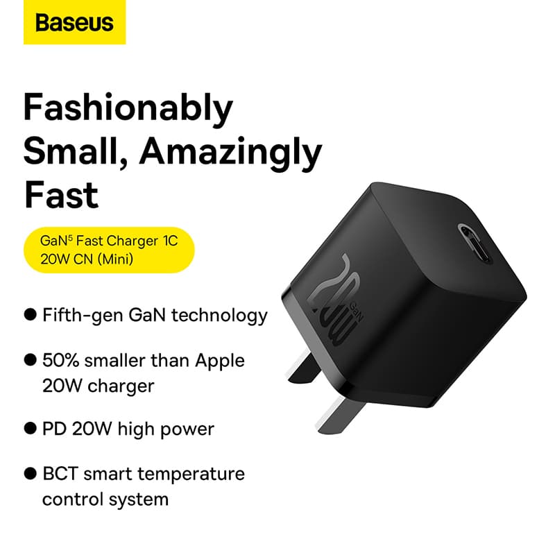 Củ Sạc Nhanh Mini Dành Cho iPhone Baseus GaN5 1C Chuẩn PD 20W Siêu Nhỏ Gọn Chân Dẹp CN - Hàng Chính Hãng - Màu Đen