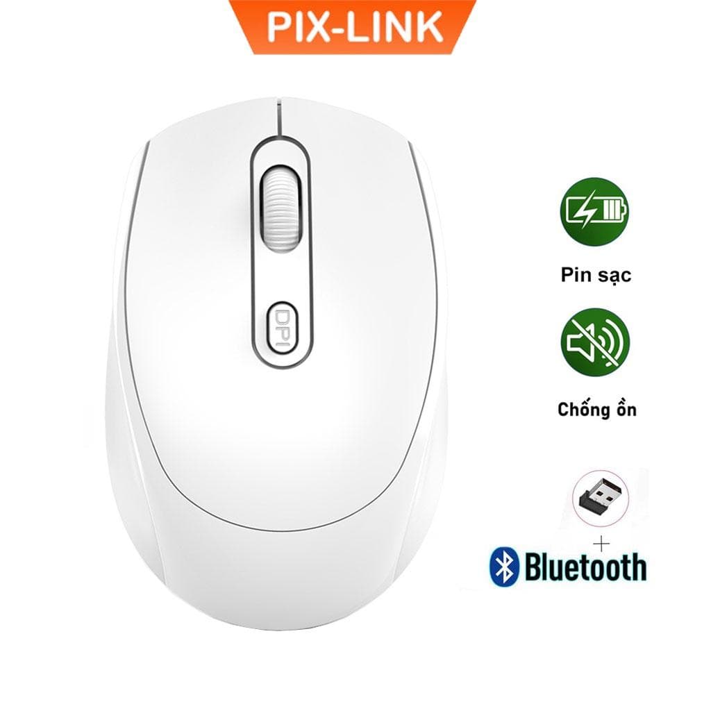 Chuột Không Dây Bluetooth PIX-LINK P100B Chống Ồn, DPI 1600, Chế Độ Kép Wireless Usb 2.4Ghz, Bluetooth Dùng Cho Macbook, Laptop, PC - Hàng chính Hãng - Trắng