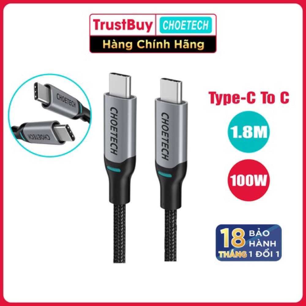 Dây Cáp Sạc Nhanh USB Type C to Type C 100W Dài 1.8M Chuyên Sạc Cho iPhone 15, iP16, Macbook, Laptop, Smartphone CHOETECH XCC-1002-GY - Hàng Chính Hãng - xám