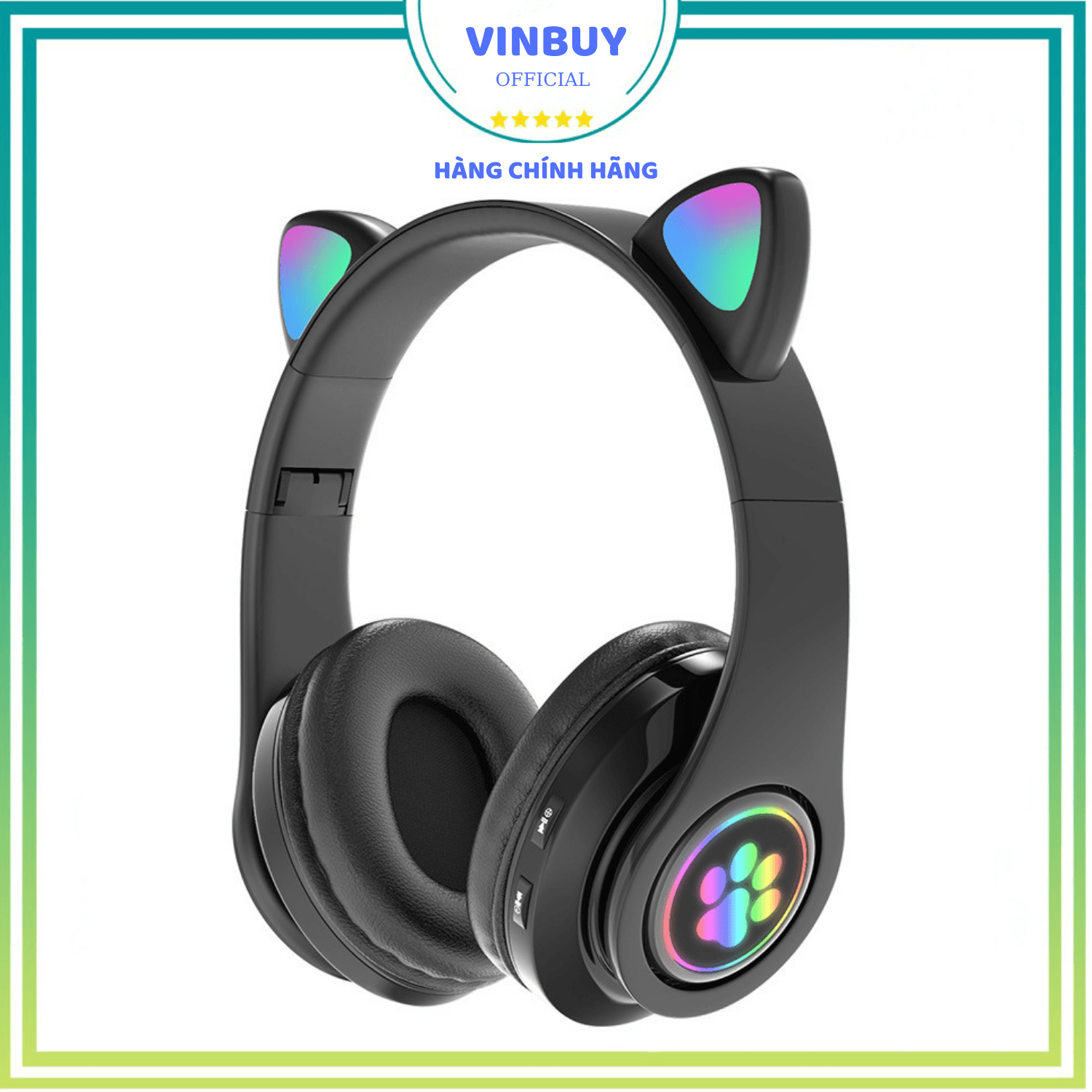 Tai Nghe Bluetooth Tai Mèo Phát Sáng VinBuy, Tai Nghe Không Dây, Tai Nghe Chụp Tai, Tai Nghe Mèo Có Mic, Đèn LED Và Âm Bass Mạnh Mẽ - Chính Hãng - Màu đen