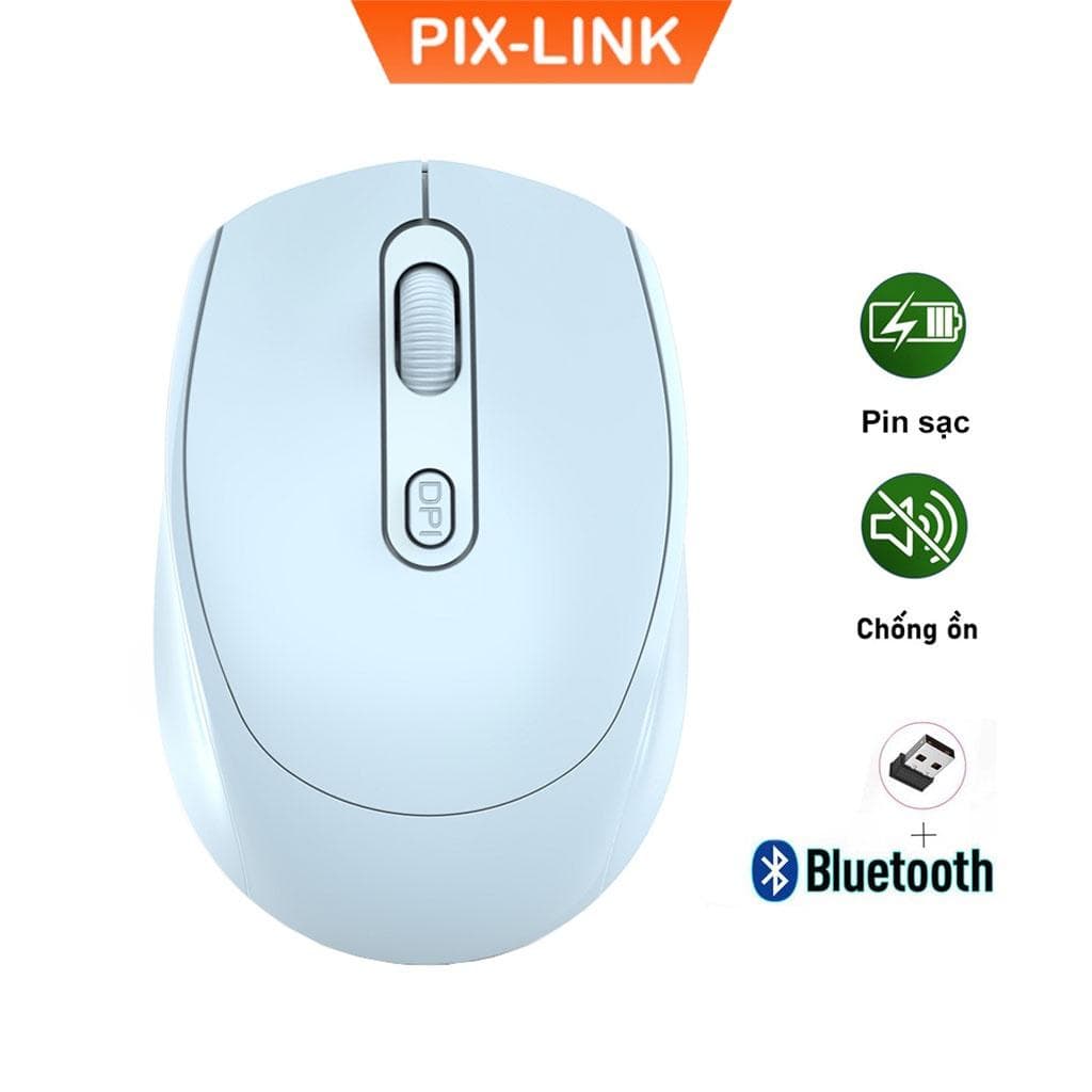 Chuột Không Dây Bluetooth PIX-LINK P100B Chống Ồn, DPI 1600, Chế Độ Kép Wireless Usb 2.4Ghz, Bluetooth Dùng Cho Macbook, Laptop, PC - Hàng chính Hãng - Xanh Ngọc