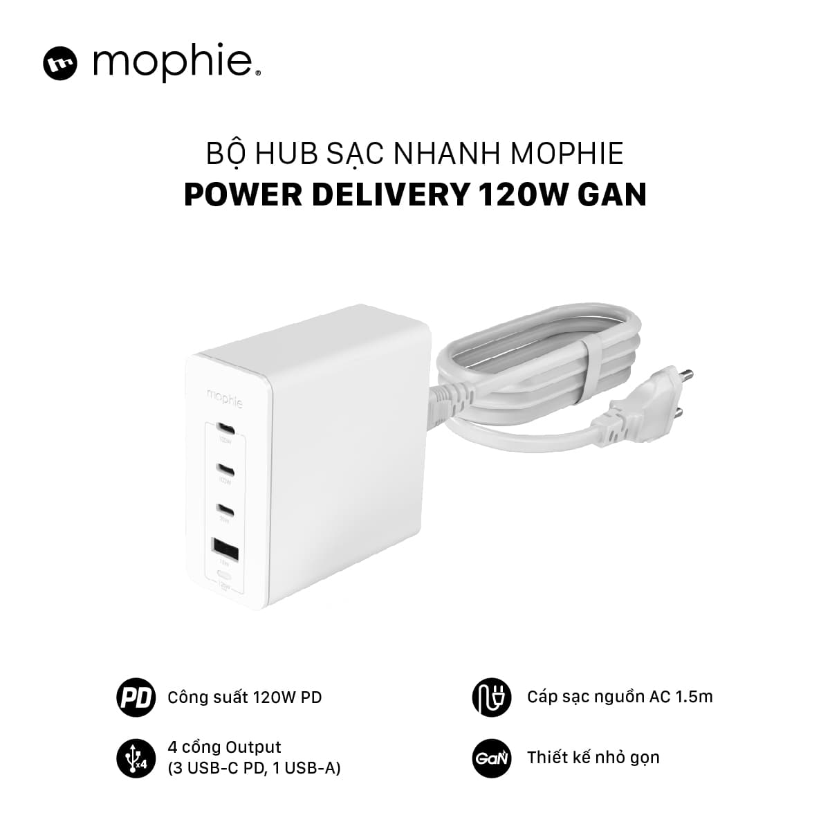 Hub sạc nhanh Mophie Power Delivery 120W GaN - Hàng chính hãng