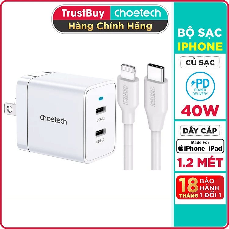 Adapter Cu Sạc Nhanh 40W Sạc 1 Cổng Type C 40W, 2 Cổng Type C 20W, PPS 25W, QC3.0 18W CHOETECH Q5006 Sạc Nhanh iPhone 15, iPhone, Samsung, iPad - Hàng Chính Hãng - Bộ Sạc iPhone iPad Q5006-W-IP0040
