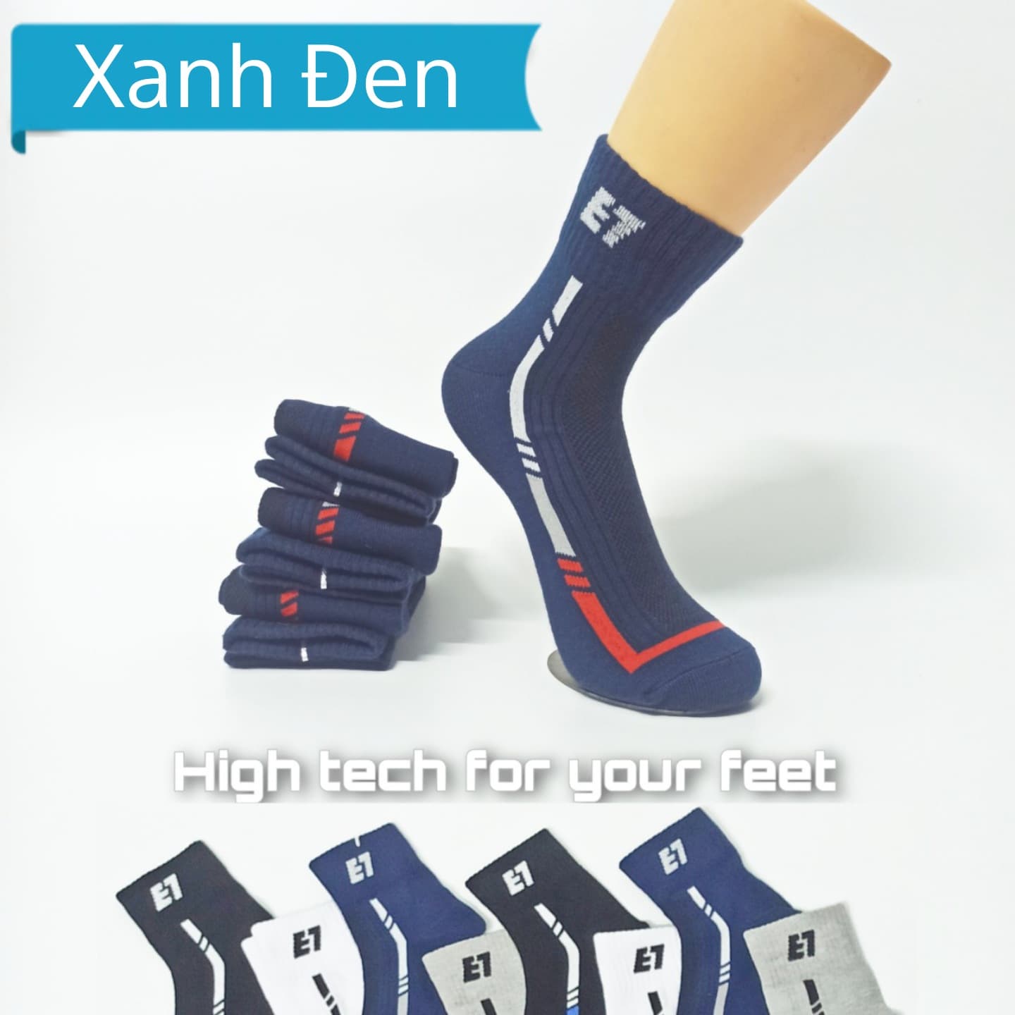 Vớ Tất Thể Thao Cổ Trung Cotton Cao Cấp AS-S201. Dày dặn, mềm mại, kháng khuẩn khử mùi, không hôi chân. 4 màu Trắng, Đen, Xanh, Xám - Xanh đen - Free Size