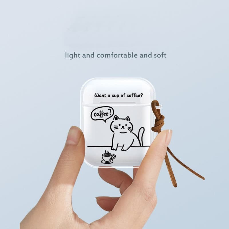 Case TPU dành cho Airpods 1,2 Airpods Pro Airpods 3Airpods Pro 2 Mèo Coffee Kèm Dây Da Hàng Chính Hãng - Airpods 12