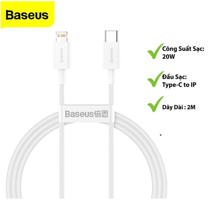 Cáp sạc nhanh siêu bền IP 20W Baseus Superior Series Fast Charging Data Cable Type-C to iP PD 480Mbps-Hỗ trợ sạc nhanh PD 20W dành cho iPhone 12  PD 18W dành cho iP11 iP XS Max- Hàng chính hãng - Trắng - 2 mét