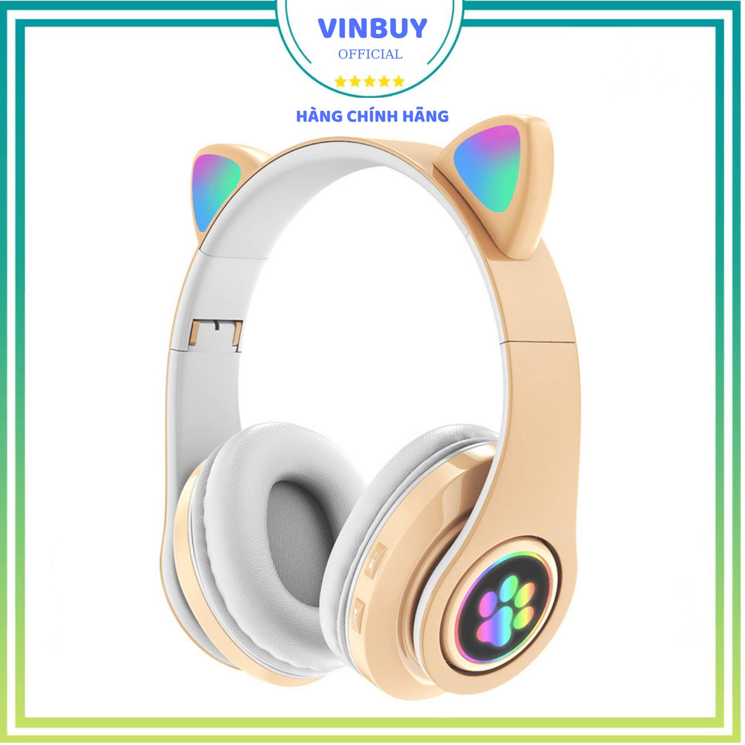 Tai Nghe Bluetooth Tai Mèo Phát Sáng VinBuy, Tai Nghe Không Dây, Tai Nghe Chụp Tai, Tai Nghe Mèo Có Mic, Đèn LED Và Âm Bass Mạnh Mẽ - Chính Hãng - Màu kem