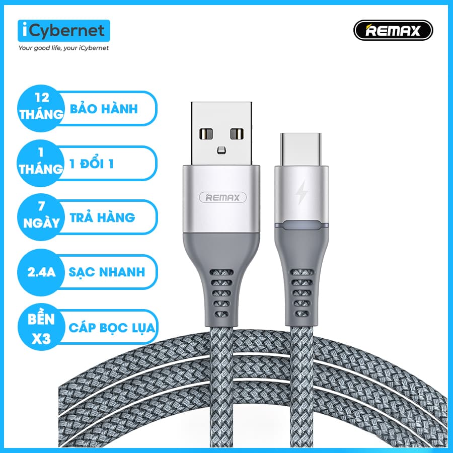 Cáp sạc nhanh 2.4A và truyền dữ liệu chân type-C Remax Colorful Light RC-152a Hàng chính hãng - bạc