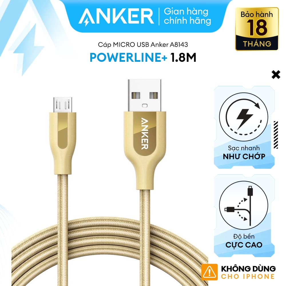 Dây Cáp Sạc Micro USB Anker PowerLine 1.8m - A81430B1 Vàng - Hàng Chính Hãng