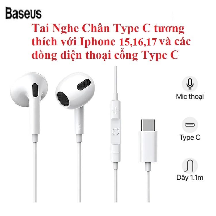 Tai Nghe Có Dây Chân Type C Cho Iphone 15 16 17 Baseus Encok C17 Cao Cấp Âm Thanh Hay - Hàng chính hãng - Tai Nghe Chân Type C Baseus C17