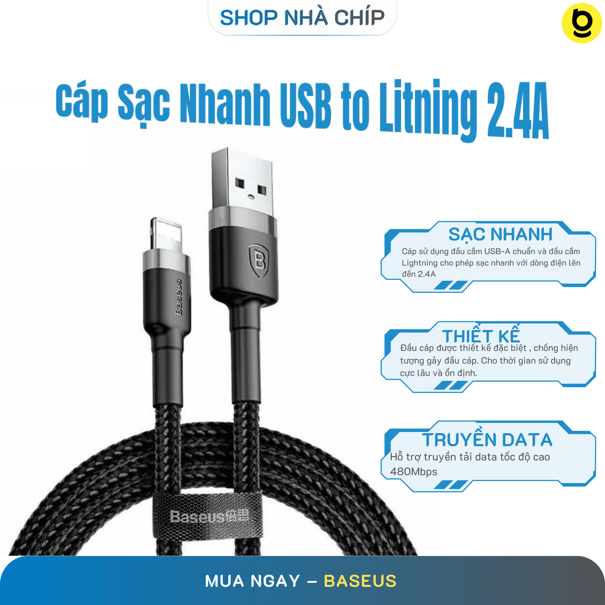 Cap sac nhanh 2.4A Baseus Cafule dây bên chông gâp đông bô data nhanh chong danh cho iPhone dai 100CM  nhiêu mau  - Hang chinh hang - Đen Xam