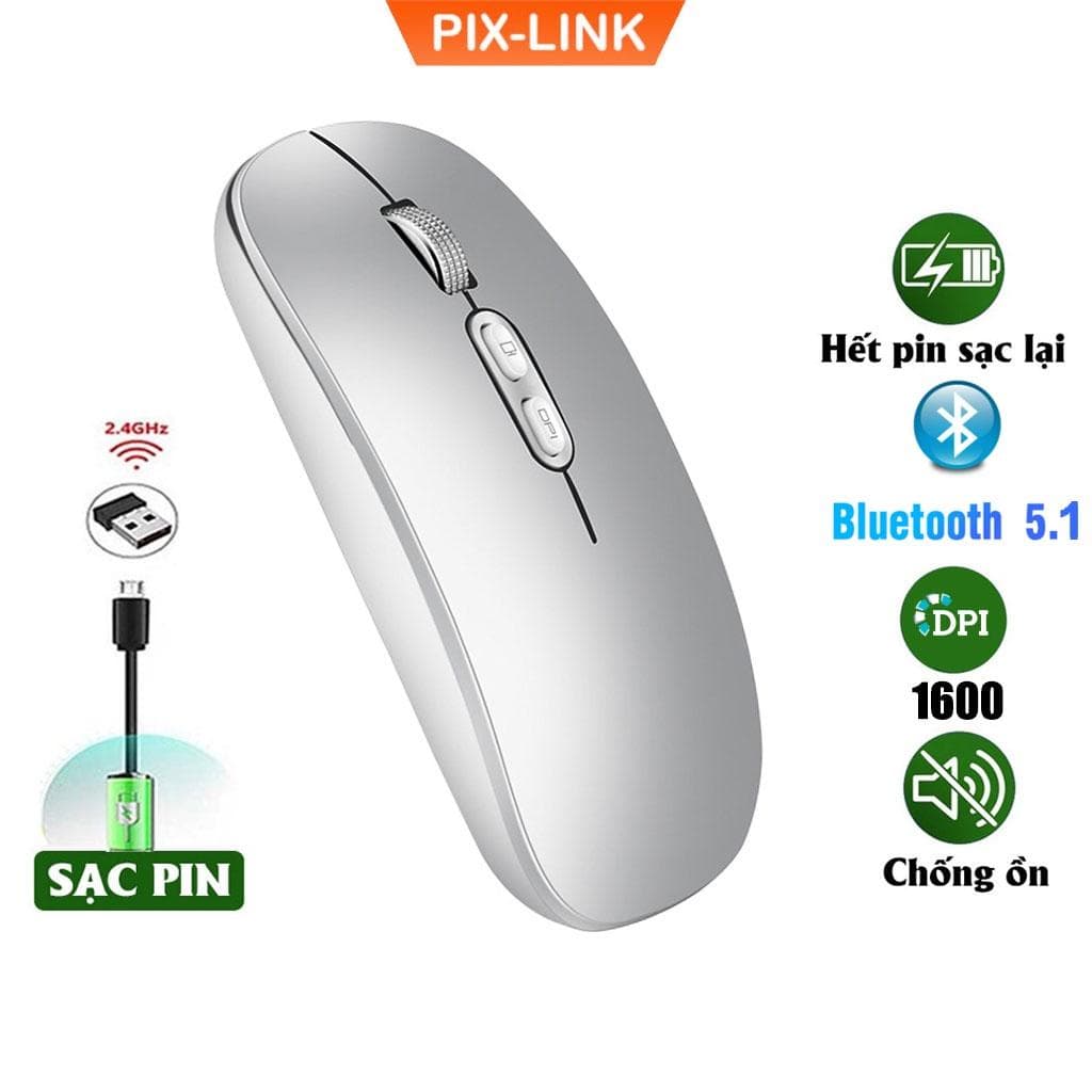 Chuột bluetooth PIXLINK P103BL 2 chế độ sạc pin siêu mỏng không gây tiếng ồn chuyên dùng cho Máy tính, pc, Laptop, Tivi Hàng Chính Hãng - Bạc Bluetooth