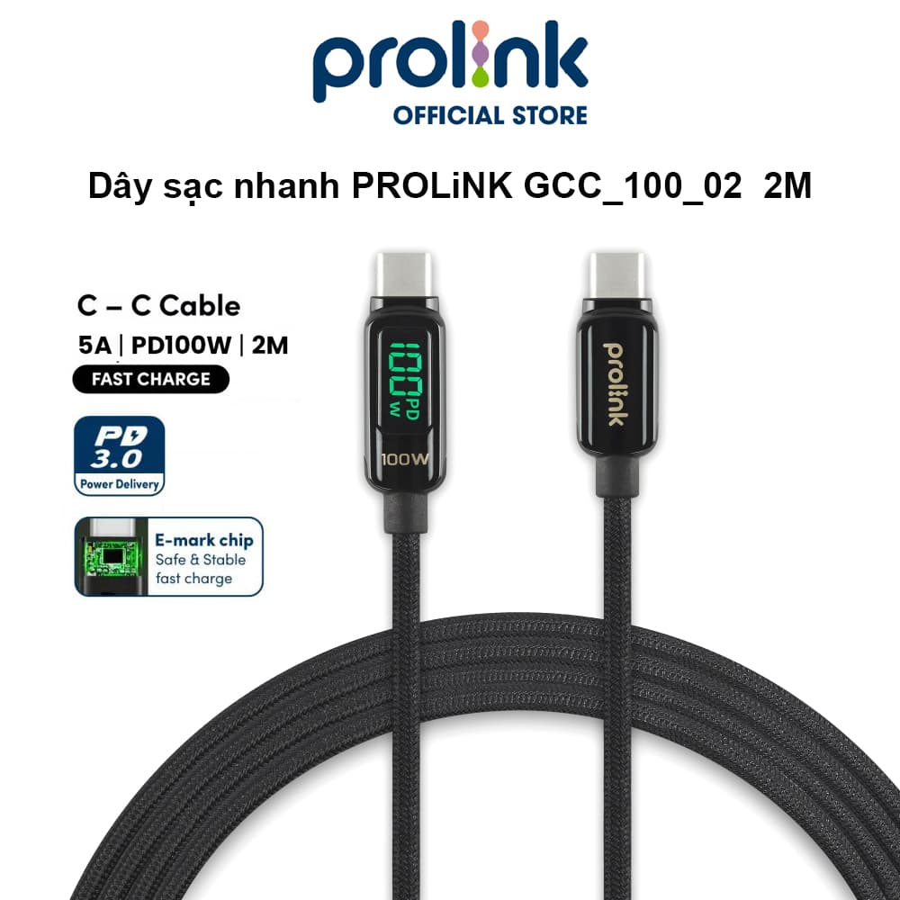 Dây sạc type C To C PROLiNK GCC10002 dài 2M, sạc siêu nhanh 100W, màn hình Led, dành cho Tablet, Macbook, Laptop - Hàng chính hãng