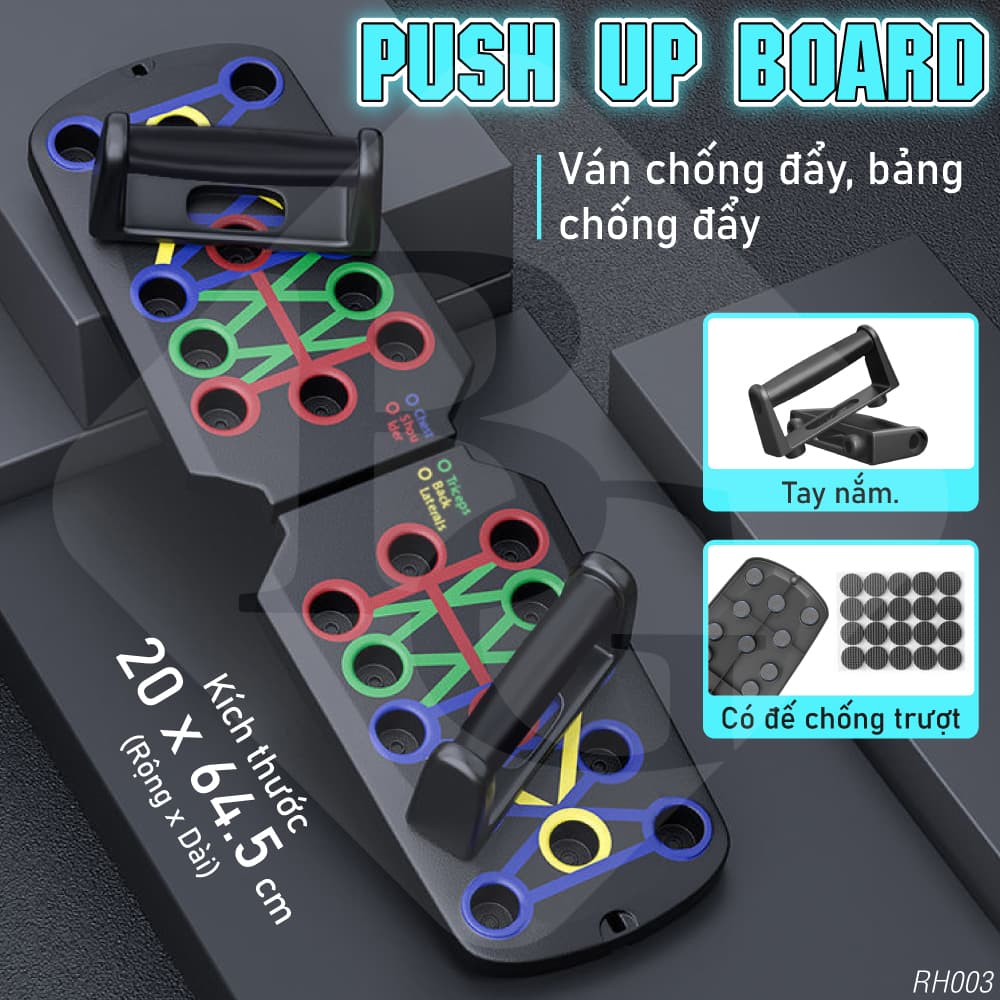 Dụng cụ hỗ trợ chống đẩy, hít đất RH003 - RH005 tập thể thao tại nhà kèm bàng chỉ dẫn theo màu sắc tập trung các nhóm cơ chính - Kèm dây đàn hồi tập đa năng hàng nhập khẩu - Ko có đồng hồ