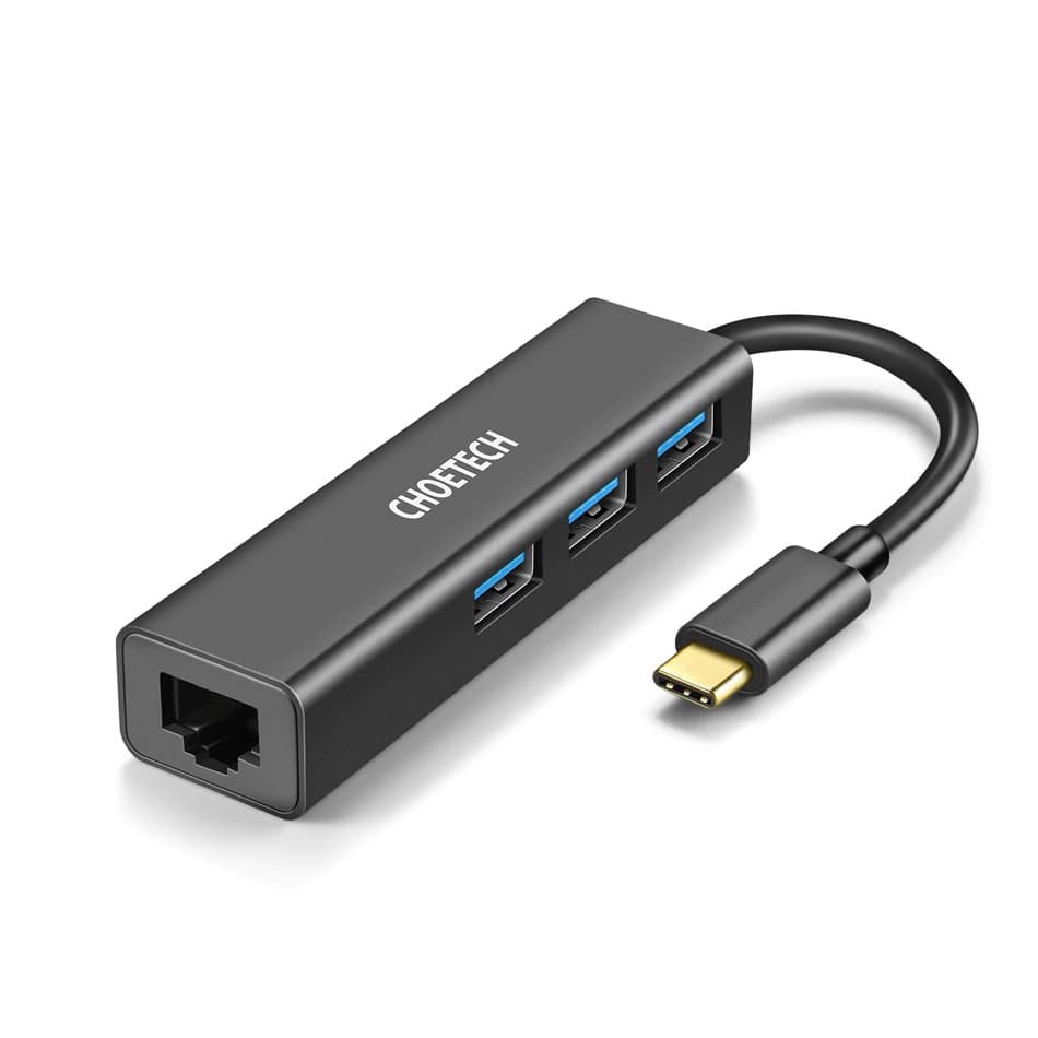 Hub Adapter chuyển đổi 4 in 1 Type-C ra 3 cổng USB 3.0 & cổng LAN RJ45 hiệu CHOETECH U02BK dùng cho Macbook  Laptop tốc độ cao, kết nối nhiều thiết bị, kết nối internet có dây - Hàng chính hãng - Đen
