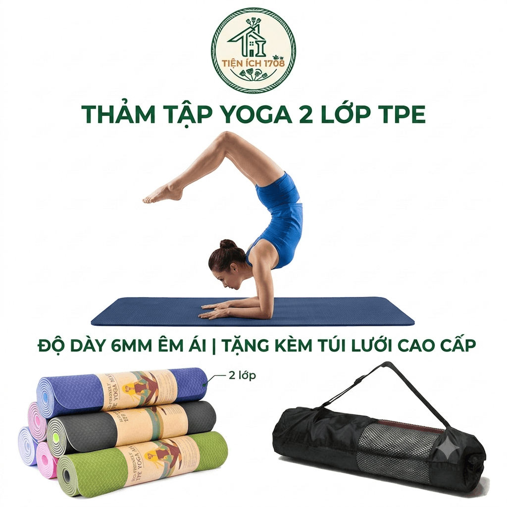 Thảm Tập Yoga TPE 2 Lớp PEAFLO Cao Cấp dày 6mm Kèm Túi - Màu ngẫu nhiên