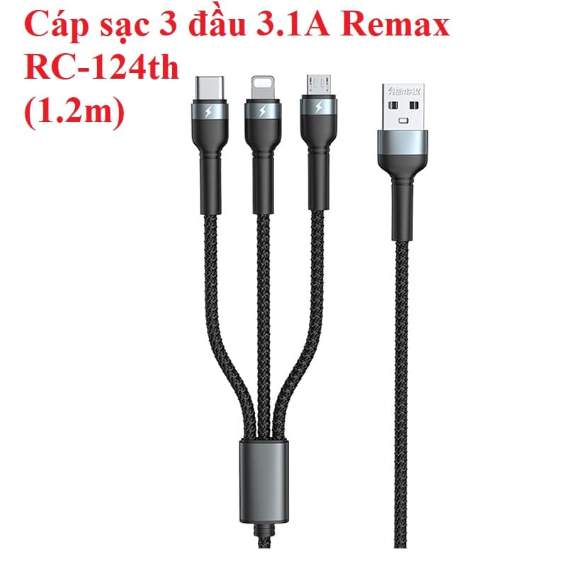 Cáp sạc 3 đầu đa năng 3.1A Remax RC124th 1.2m  - Hàng chính hãng - Đen