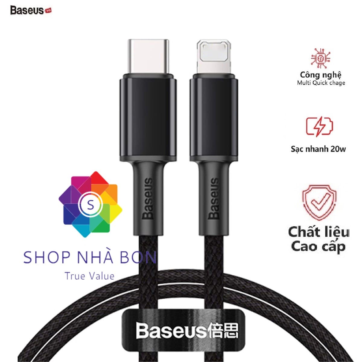 Cáp sạc Baseus PD20W Baseus High Density kêt nôi Type-C sang iPhone dai 100CM 3 màu - Hàng chính hãng - Đen