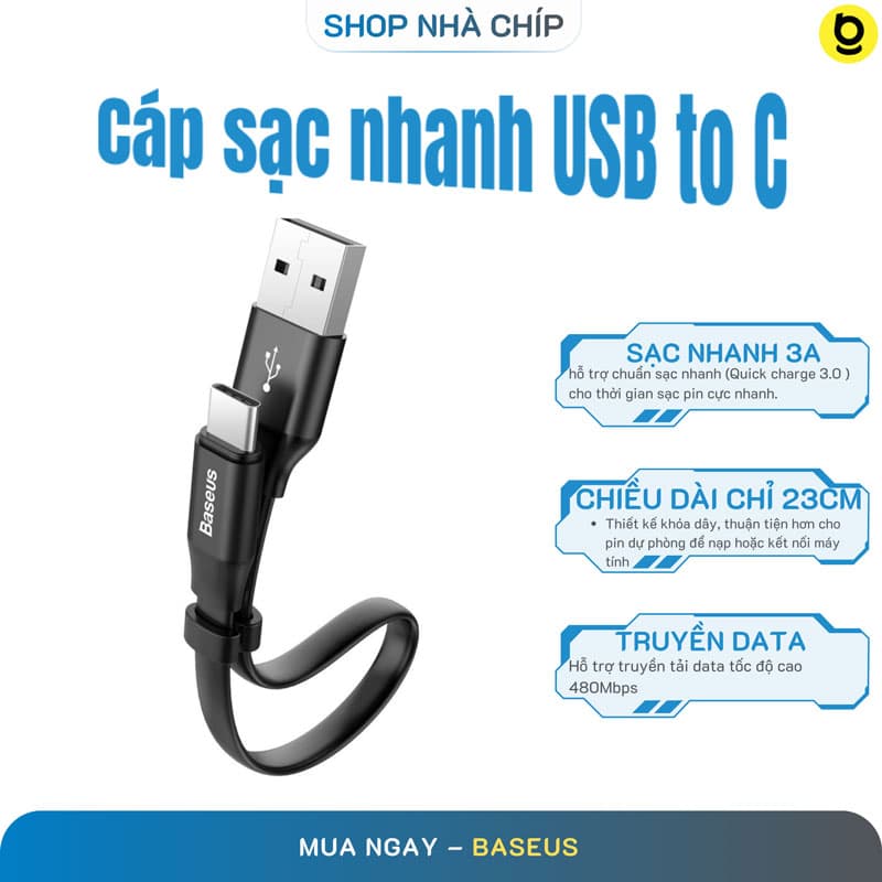 Cáp sạc và truyền dữ liệu USB chân Type-C chính hãng Baseus dài 23cm