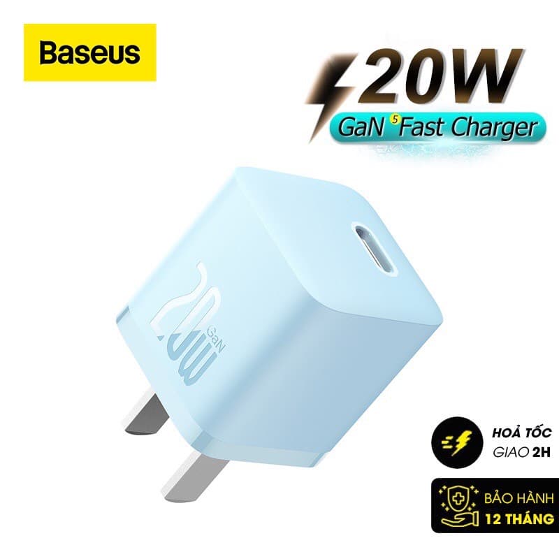 Củ Sạc Nhanh Cho IPhone 20W Baseus GaN5 Fast Charger - Công Nghệ Power Delivery 3.0 QC 3.0 - Tích Hợp Chip Thông Minh - Công Nghệ Kiểm Soát Nhiệt Độ BCT - Hàng Chính Hãng - Củ GaN5 20w Xanh