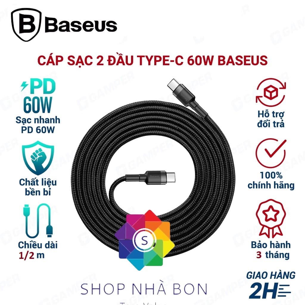Cáp sạc Baseus 60W USB C sang Type-C cho điện thoại - Grey,2 meter