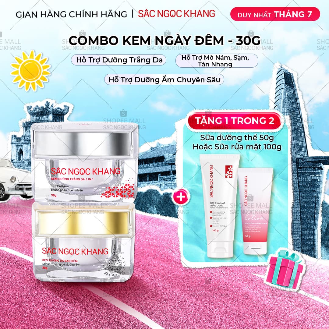 Bộ kem dưỡng ngày và đêm Kem ban ngày 5 trong 1 30ml  Kem ban đêm 30g giúp dưỡng ẩm, nâng tông, sáng da, làm mờ vết thâm, sạm, nám