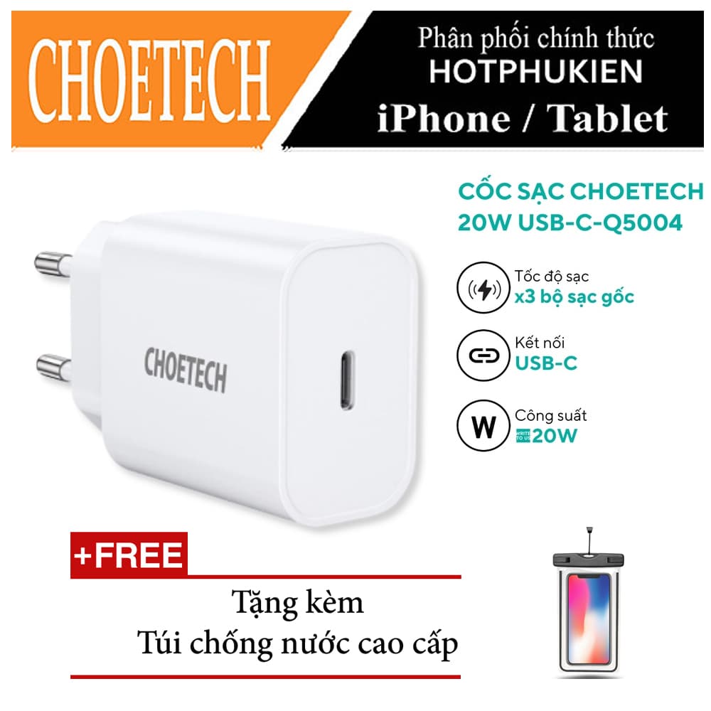 Cóc củ sạc type c sạc nhanh 20W chuẩn PD 3.0 cho iPhone  iPad  Smartphone Android Samsung xiaomi Oppo Huawei hiệu CHOETECH Q5004 trang bị công nghệ chip sạc thông minh, thiết kế siêu nhỏ gọn, cổng cắm EU, thương hiệu của Đức - hàng nhập khẩu