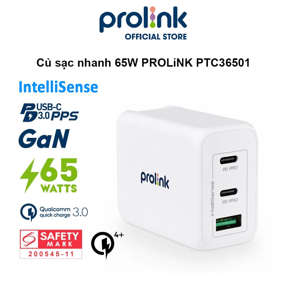 Củ sạc nhanh 65W PROLiNK PTC36501, 3 cổng USB-A QC 3.0 & 2USB-C PD 3.0 IntelliSense, dùng cho điện thoại, iPad, Laptop - Hàng chính hãng