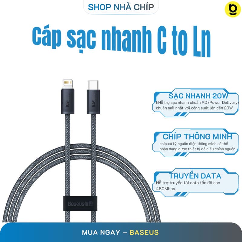 Cáp sạc nhanh siêu bền C to IP Baseus Dynamic Series FAST CHARGING DATA CABLE 20W dùng cho IP 13,12,... - Hàng chính hãng - 2m - Đen Xam