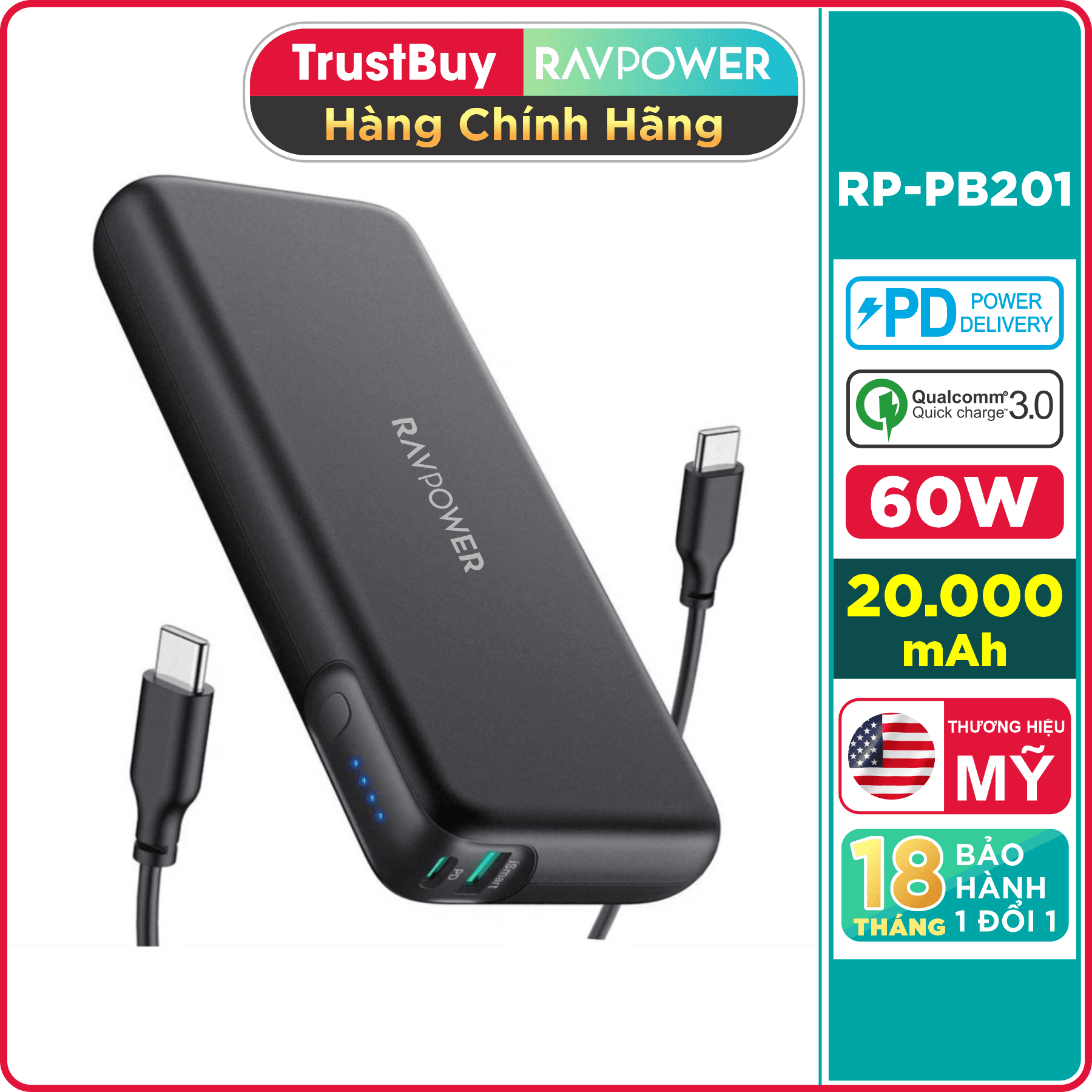 Pin Sạc Dự Phòng RAVPower 20000mAh Quick Charge 3.0  PD 60W, InOut Type-C, Sac Đươc Macbook - RP-PB201 - Hàng Chinh Hang