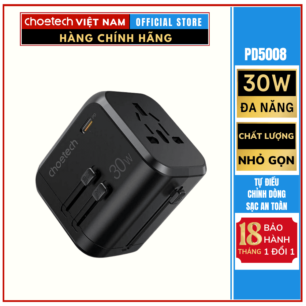 Củ sạc Choetech PD5008  du lịch đa năng 30W Hàng chính hãng