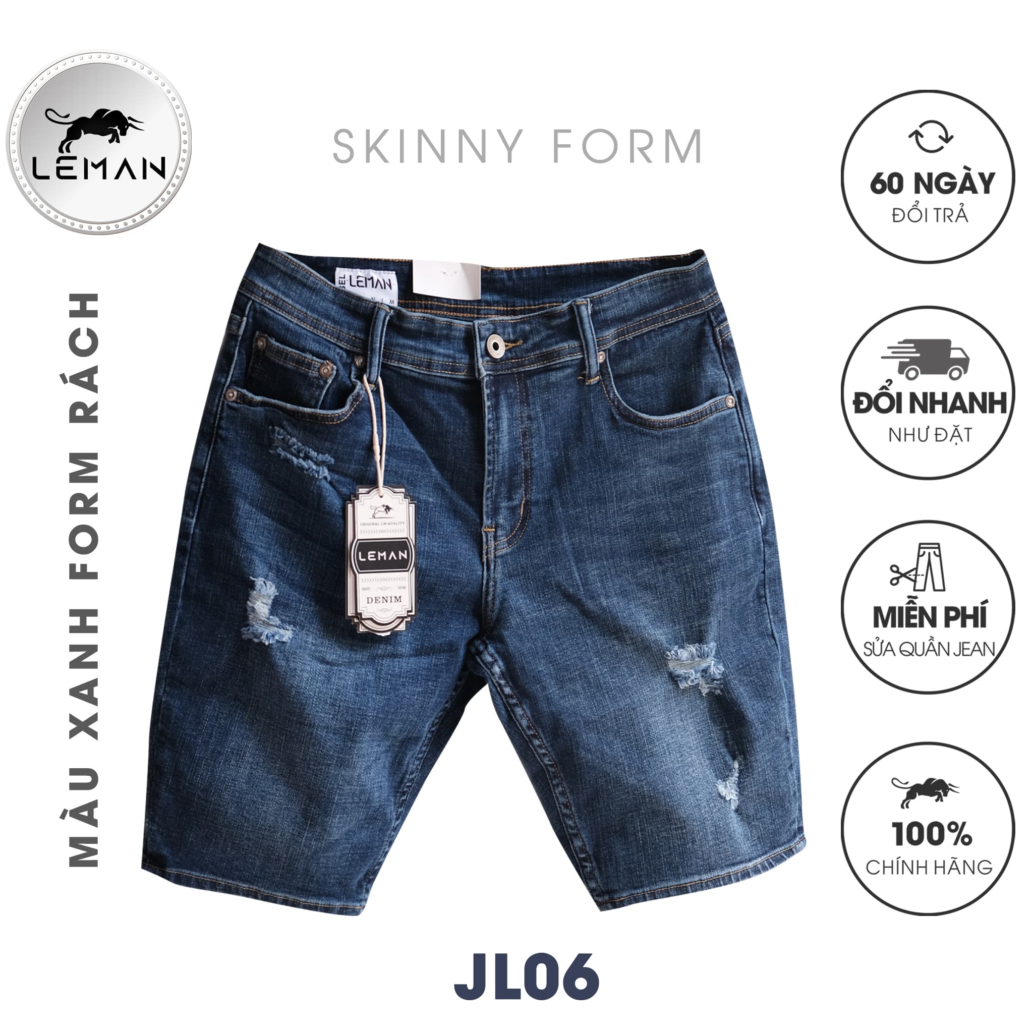 Quần Short Jean nam Leman xanh rách JL06 - Skinny Form - Xanh jean - 31