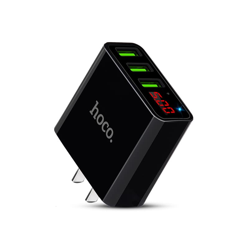 Adapter Hoco C15 củ sạc điện thoại 3 cổng USB 3A có đèn LED hiển thị dòng điện - Đen- Hàng chính hãng
