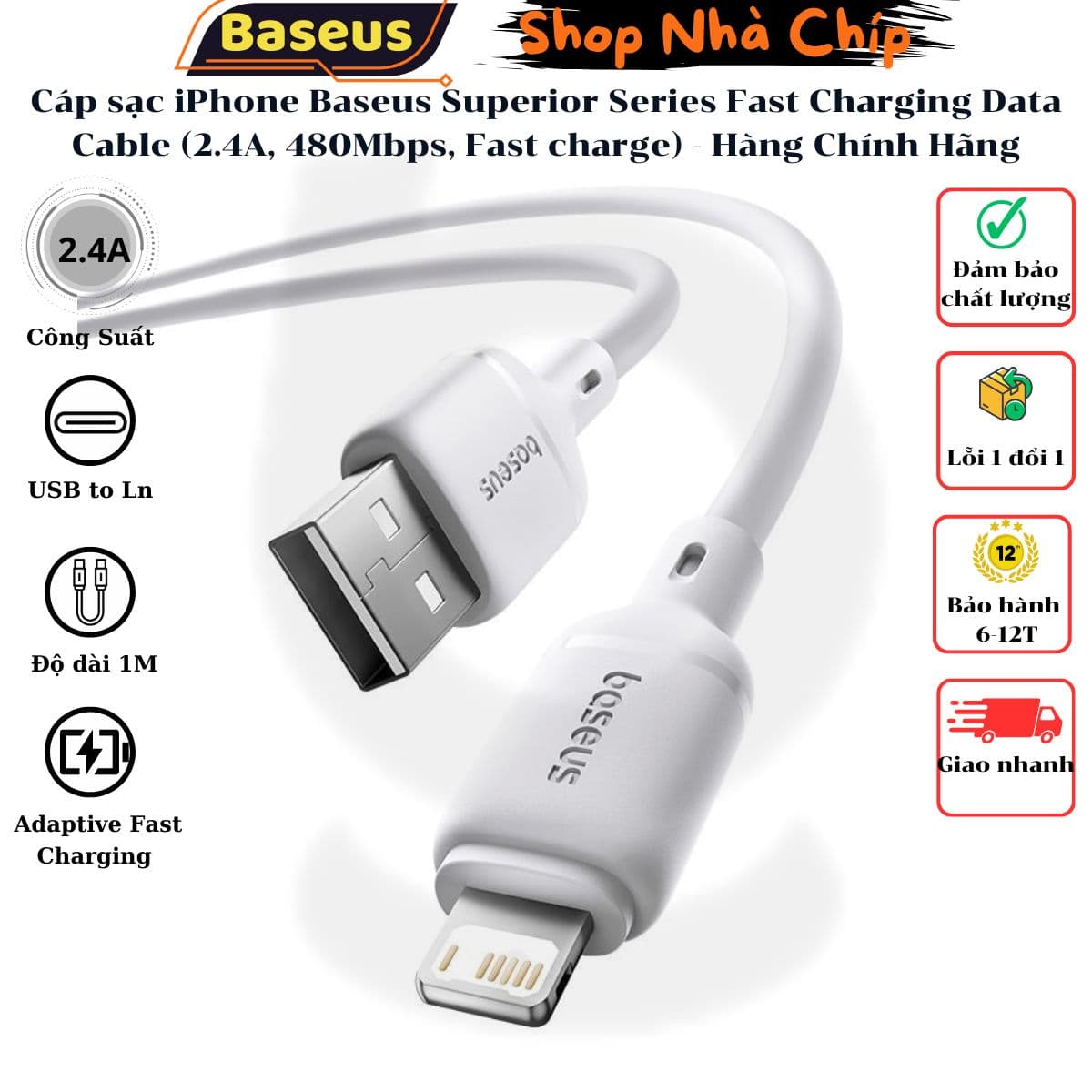 Cáp sạc iPhone Baseus Superior Series Fast Charging Data Cable 2.4A, 480Mbps, Fast charge, ABS TPE Cable - Hàng Chính Hãng