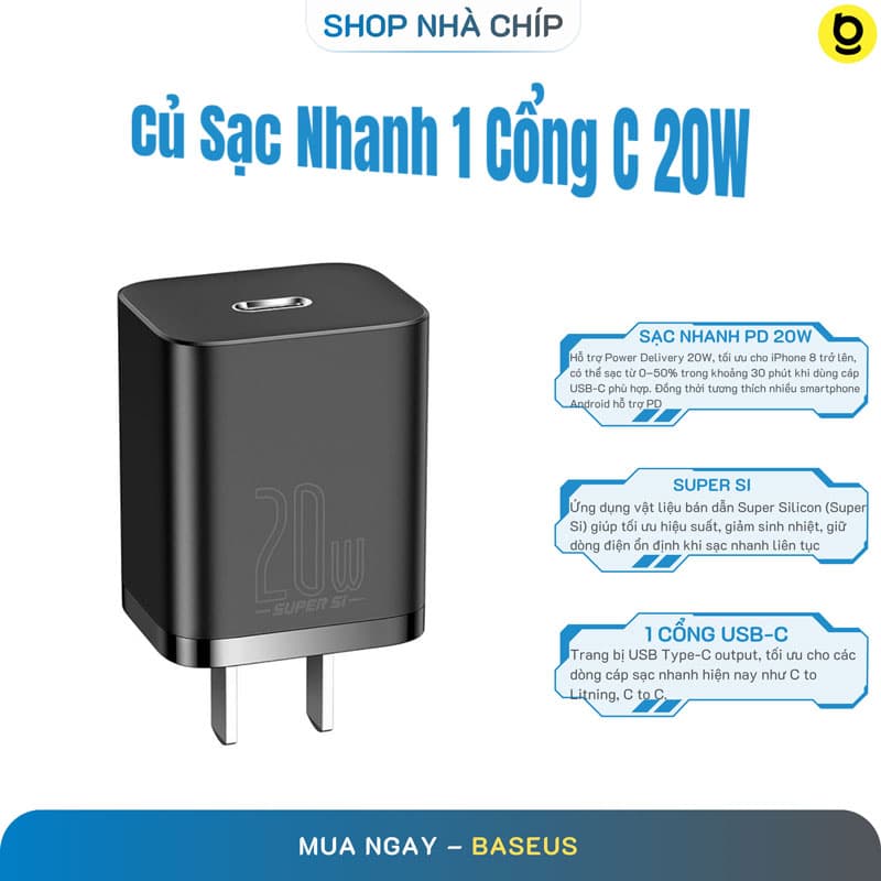 Sạc nhanh 20W cho iPhone và điện thoại Android - Baseus Super Si Quick Charger - Hàng chính hãng - Màu Đen
