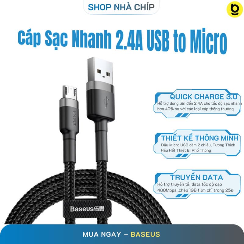 Cáp Sạc Nhanh Micro USB Cho Smartphone Android 2.4A Baseus Cafule 1m - Xám - Hàng Chính Hãng