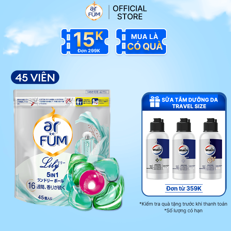 Viên giặt Quần áo arFUM 5 trong 1 MỚI thơm tinh dầu nước hoa, khử khuẩn 99 - 4 mùi hương túi 45 viên - Lily