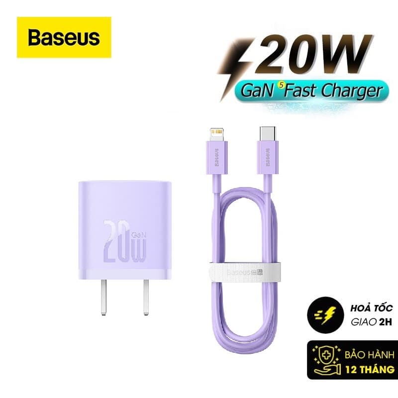 Củ Sạc Nhanh Cho IPhone 20W Baseus GaN5 Fast Charger - Công Nghệ Power Delivery 3.0 QC 3.0 - Tích Hợp Chip Thông Minh - Công Nghệ Kiểm Soát Nhiệt Độ BCT - Hàng Chính Hãng - Combo GaN5 20w Tím